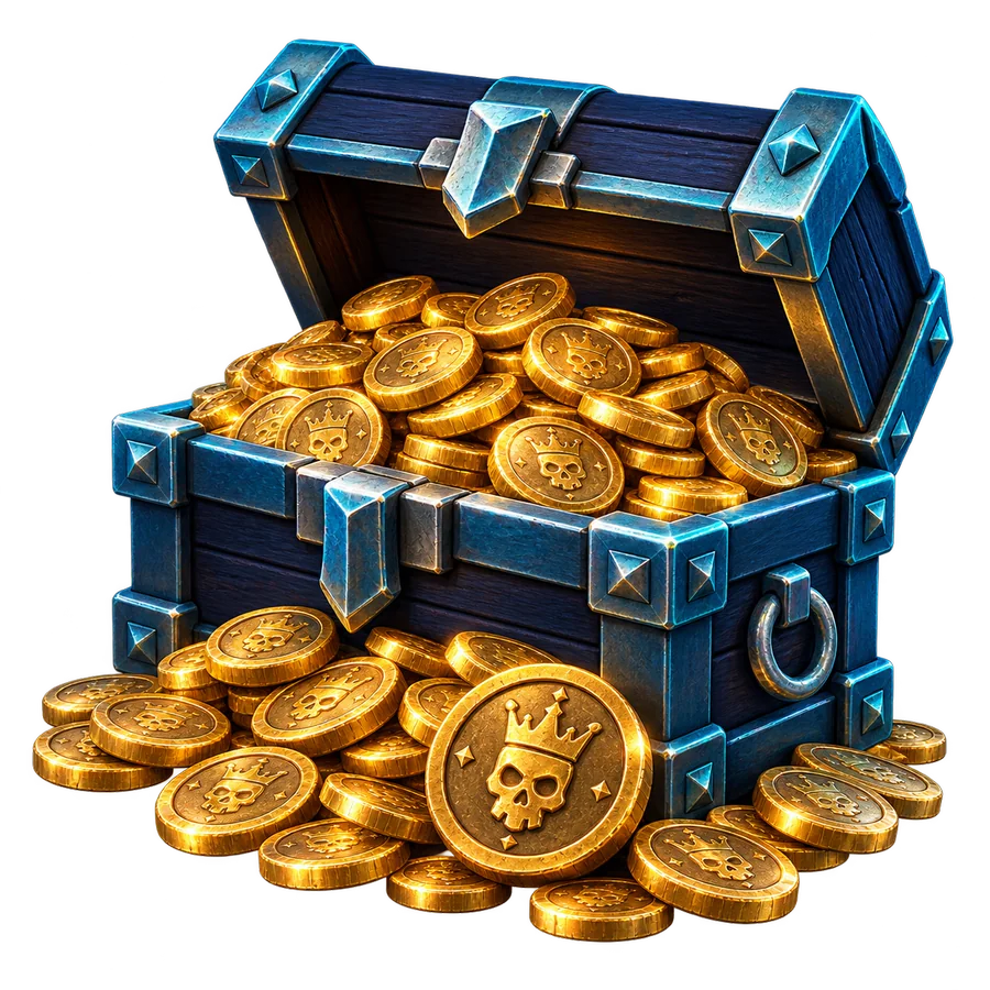 An open navy chest filled with gold NirvanaCoins